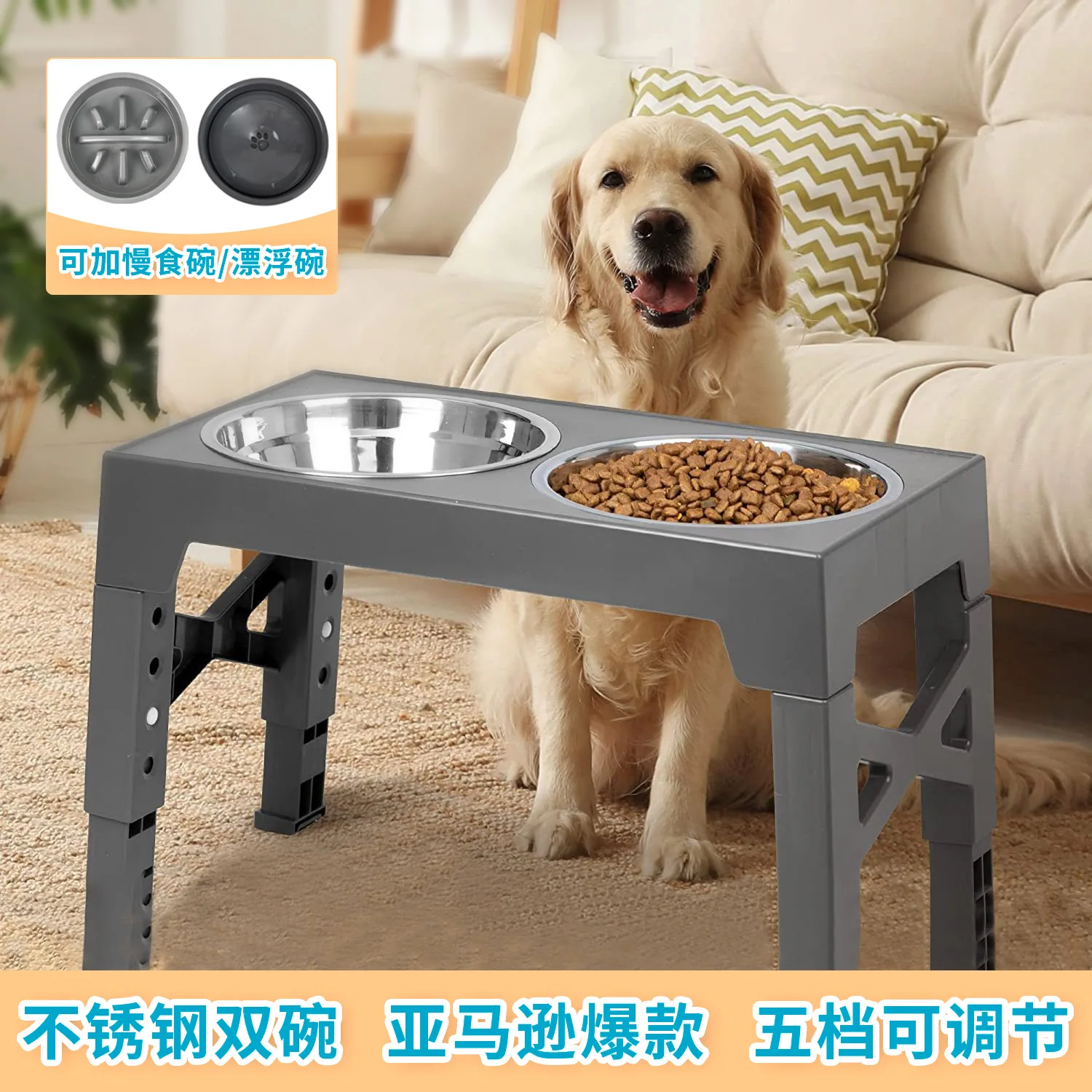 No Spill Dog Water Bowl Stainless Steel Slow Feeder Pet Bowl Adjustable Elevated Raised Dog Bowls Stand
