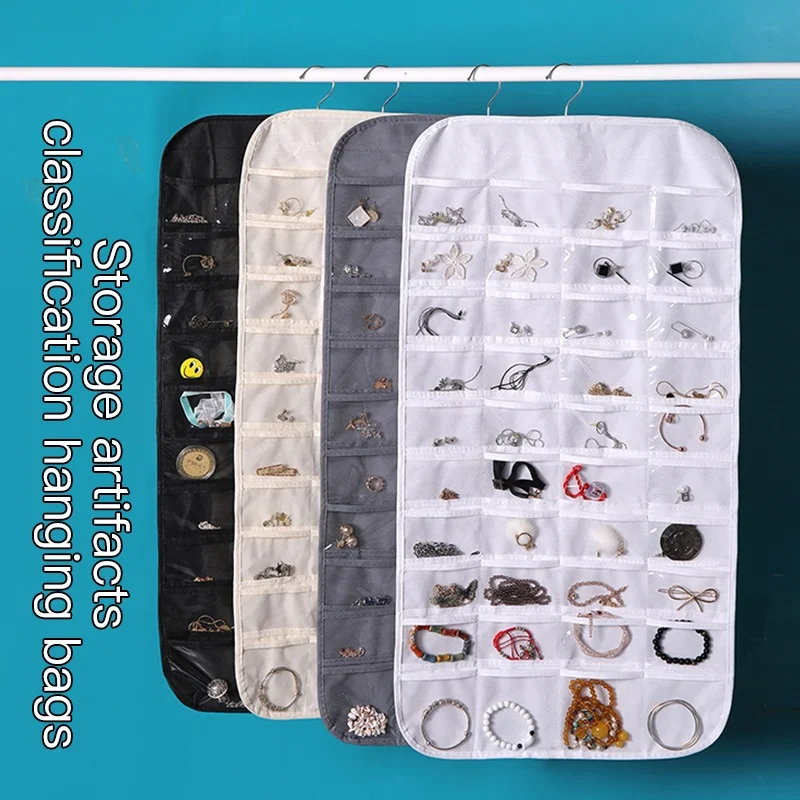 Two-sided 80 Pockets Hook Type Jewelry Pouch Storage Bag Wall Door Hanging Storage Organizer for Earrings Necklace