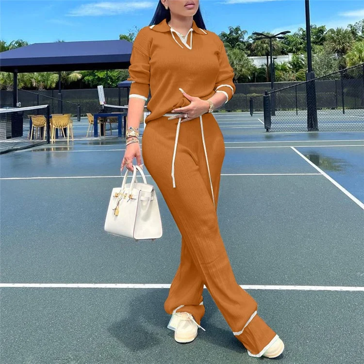 Casual Knitted Women Tracksuit Two Piece Trousers Sets 2023 Autumn Chic Long Sleeve Pullover Tops And Wide Leg Pants Suit