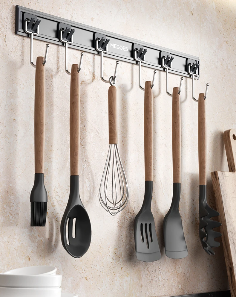Multiple hooks Non punching kitchen hook bracket Wall mounted aluminum alloy kitchenware hanging rod Kitchenware storage rack