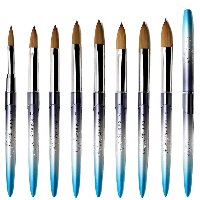 New Products Blue Grey Ombre Metal Handle Crimped Head 3D Crystal Pen 100% Pure Kolinsky Acrylic Nail Art Brush for Gel Nail
