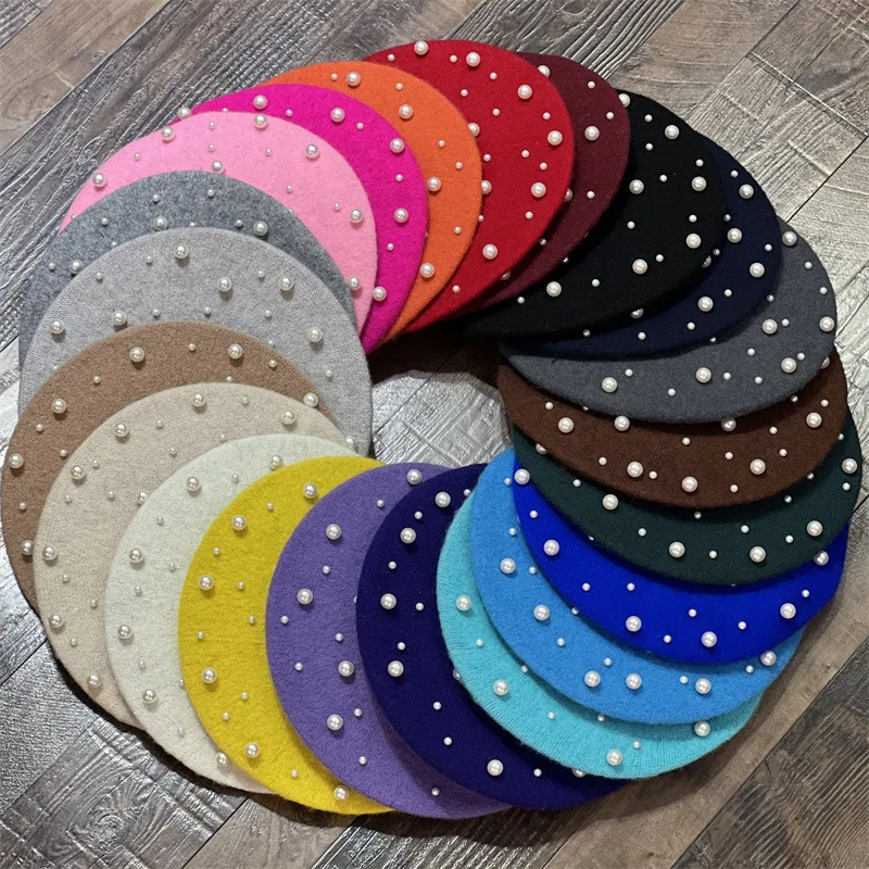 Luxury knitted wool pashmina pearl elegant fashion chic special design hot sale winter warm piping elastic band women beret