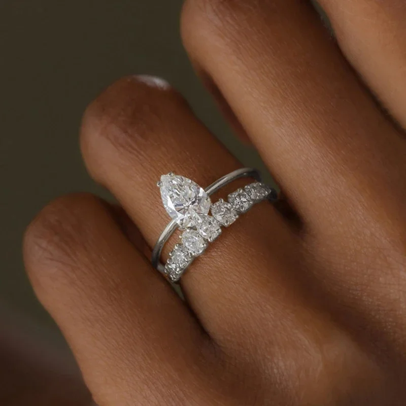 CAOSHI OEM Novel Design Pear And Oval Cubic Zirconia 2Pcs Set Finger Rings For Wedding Silver/Gold Plated CZ Rings Women Jewelry