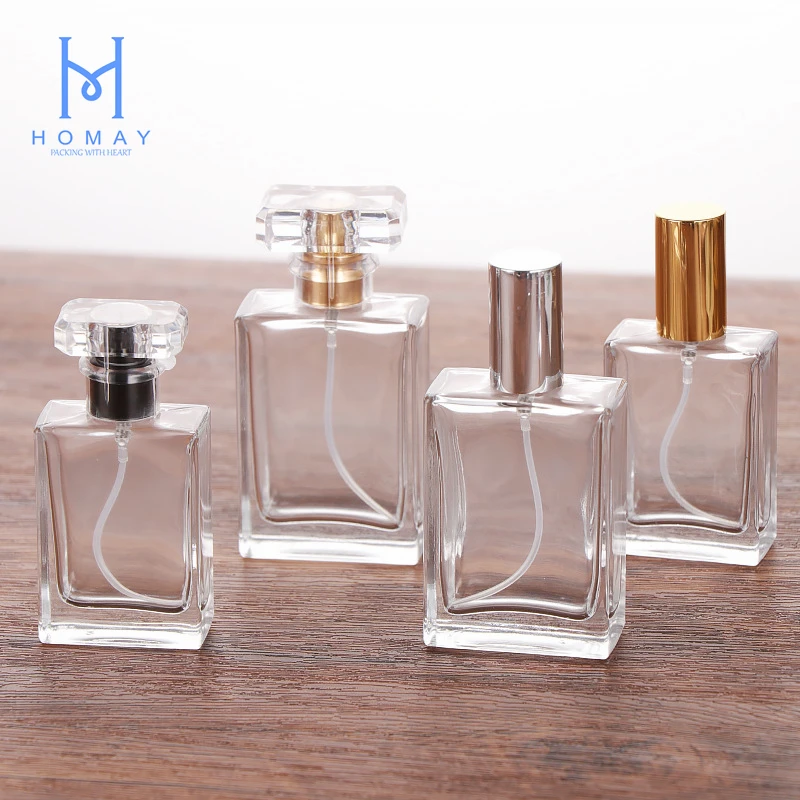 Homay high quality  20ml 30ml 50ml 100ml long square glass perfume bottle with acrylic cap and pump sprayer for cosmetic