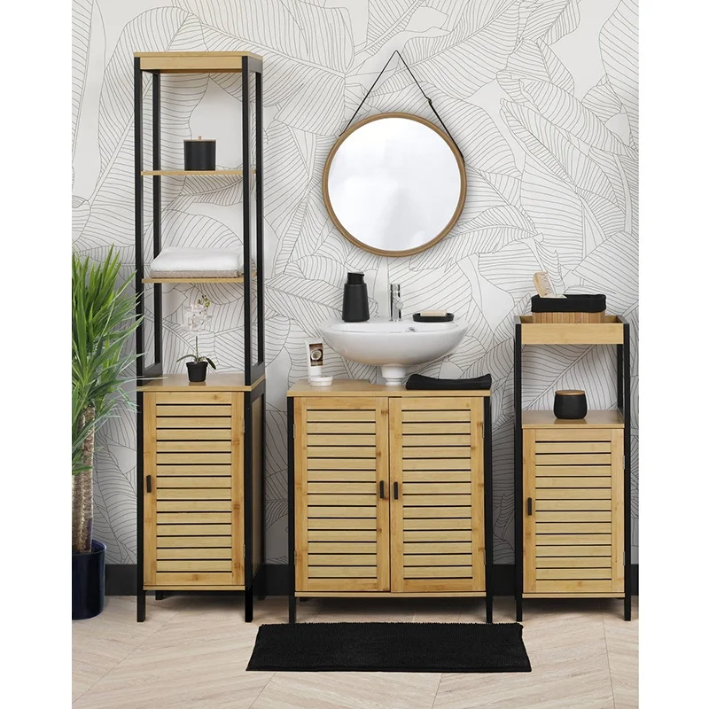 Cheap 2 door bamboo wood storage kitchen bathroom vanity basin under sink cabinet