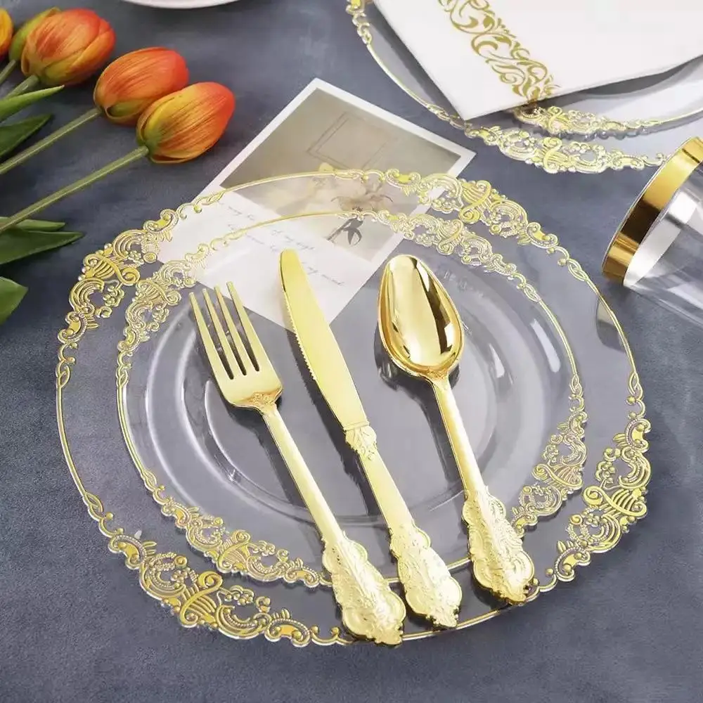 Gold Plate Cutlery Set Cup Plate Tableware Cheap Custom Decal Porcelain Plates Set Party Plastic Tableware Bone China 150 Plasti