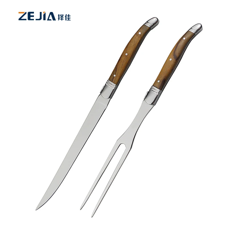 2 Pcs Outdoor Barbeque Slicing Knife Tool Set laguiole carving knife and fork Meat Fork Set  With olive wood