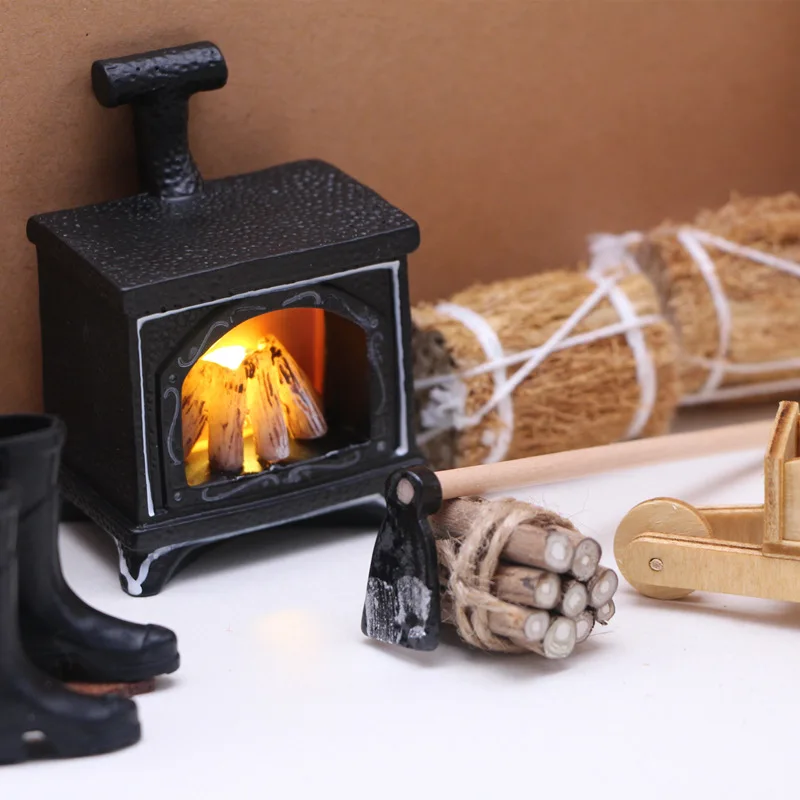 Doll House Winter Scene Set Accessories Mini Grass Woven Bag Miniature Wooden Match Small Cart Bright fireplace