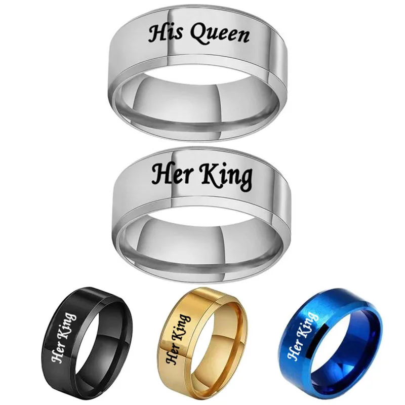 Titanium Stainless Steel Couple Rings Her King His Queen Jewelry Black Silver Blue Gold 8mm Band Ring Wedding Engagement Gift