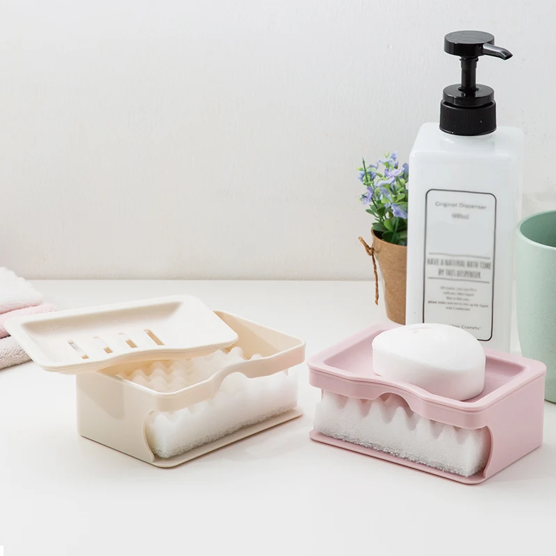 Factory Price Double-Deck Soap Dish Holder Eco-friendly Plastic Soap Holder with Cleaning Sponge