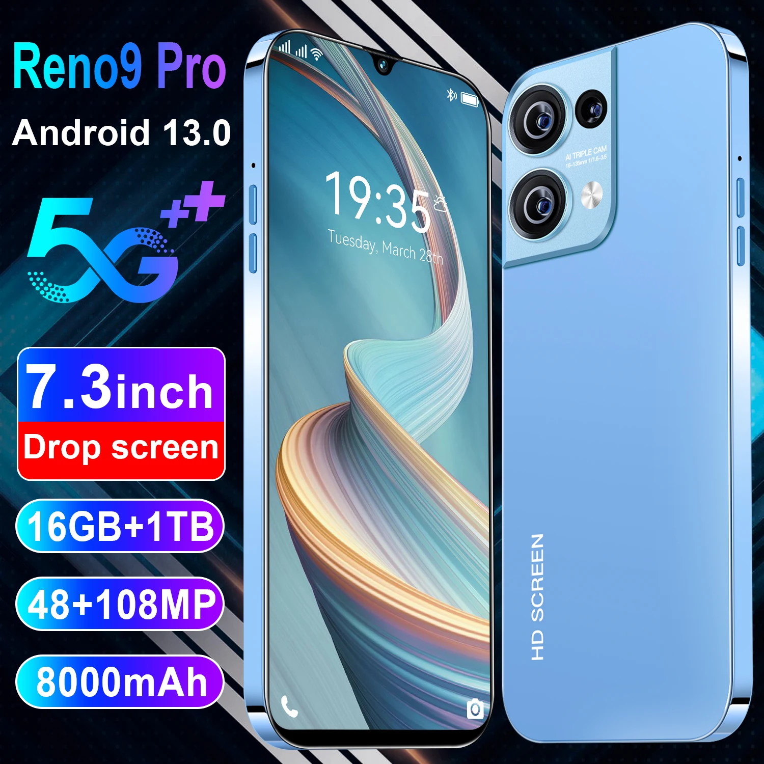 New Reno9pro Cross border Phone 1GB+16GB Android Smartphone 6.8-inch Screen Factory Stock