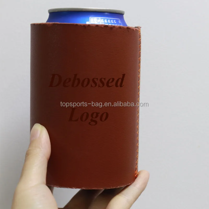 Brown Debossed Logo PU Leather Can Coolers Neoprene PU Leather beer Bottle Holder insulated stubby holder with Base
