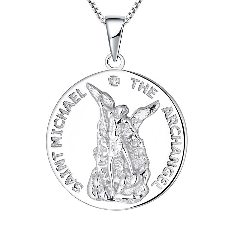 Round St Michael Protect Us Pendant Necklace Gothic Saint Michael Necklace Minimalist 925 Sterling Silver Fine Jewelry