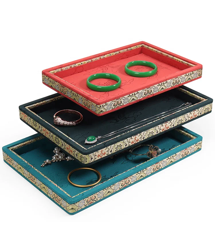 High end light luxury classical palace style brocade embroidery necklace ring earring bracelet jewelry counter display tray