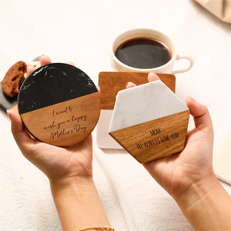 Wholesale Personalized Black Marble Coasters Custom Square Shape Marble and Wood Coasters Decoration Engraved Coffee Cup Coaster