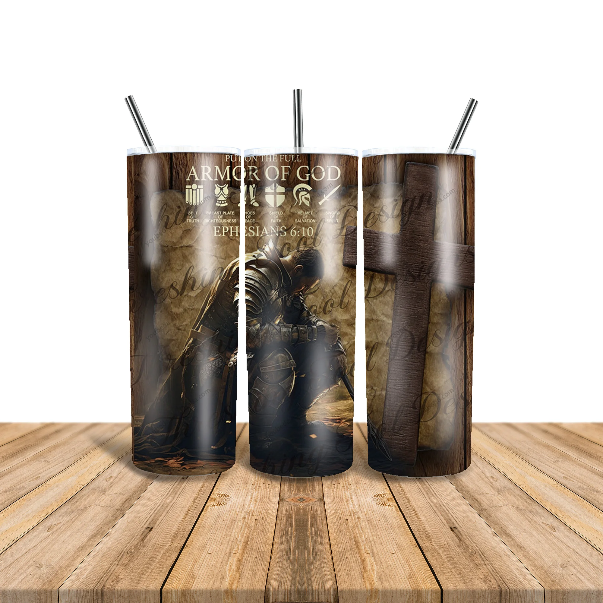 custom Christian Prayer Warriors Armor of God Kneeling Knight 20oz stainless steel water bottle double wall skinny tumbler