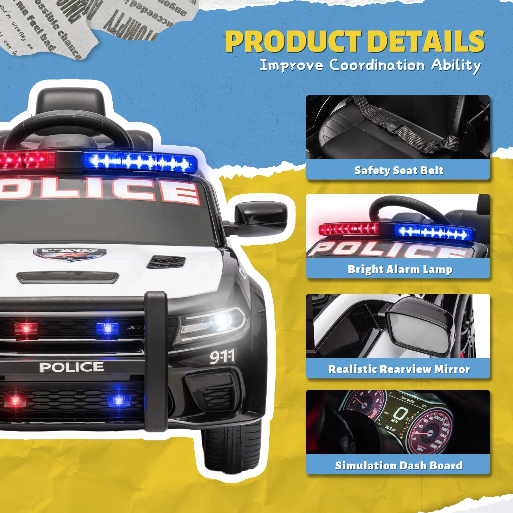 Licensed DODGE kids police car children 12v electric remote control baby electric police ride on cars for kids to drive