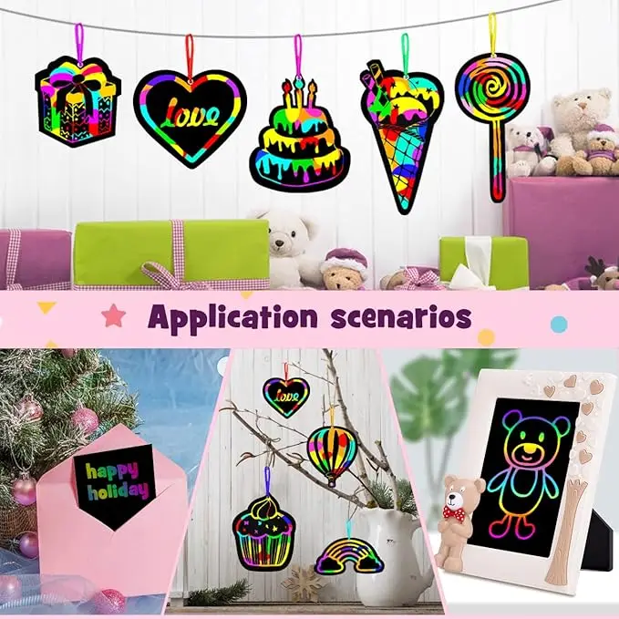 Rainbow Scratch Paper Art Magic Black Scratch Off Paper Art Sheets for Kids with Wooden Stylus Soft Brush and Drawing Stencils