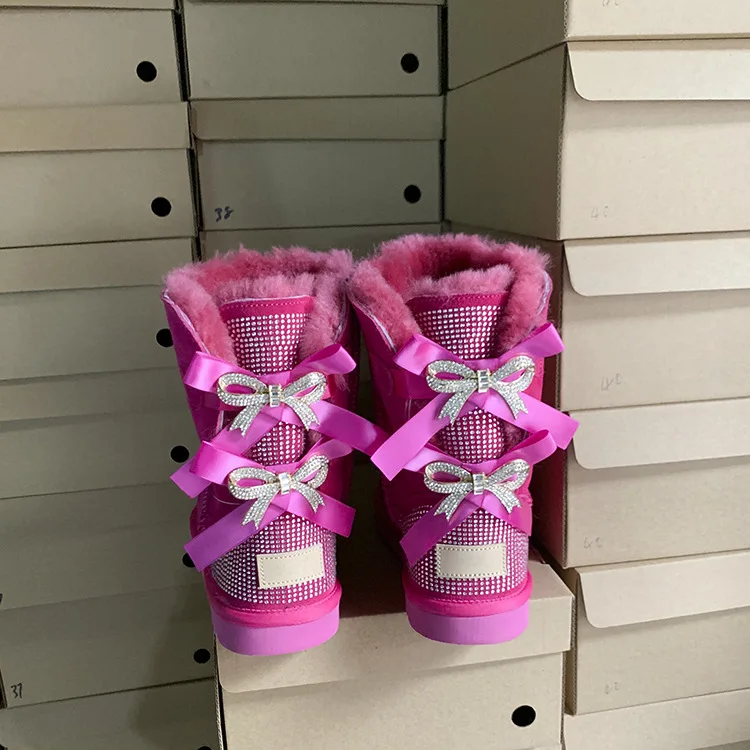 Designer Boots Wool Warmth Warm Ladies Shiny Women Snow Boots Hot-selling Rhinestone New Fashion with Bow EVA Adult Fur Midi 2cm