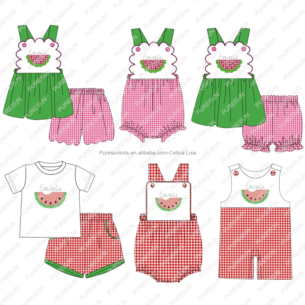 Puresun custom design little girl outfits watermelon applique summer newborn toddler girls boutique clothes