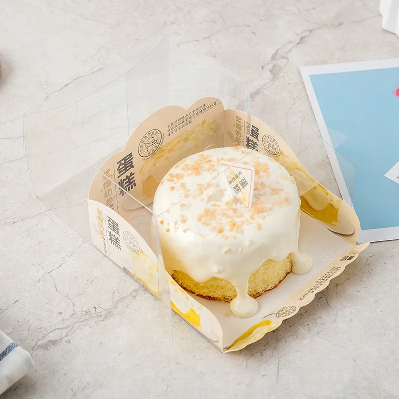 5 Inch Transparent PET Plastic Portable Cake Boxes With Cardboard Cheese Milk Cake Packing Boxe