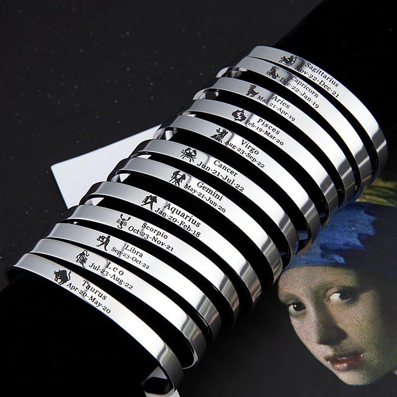 European fashion steel color Zodiac signs Engraved Stainless Steel Bracelet Bangles for Women Men