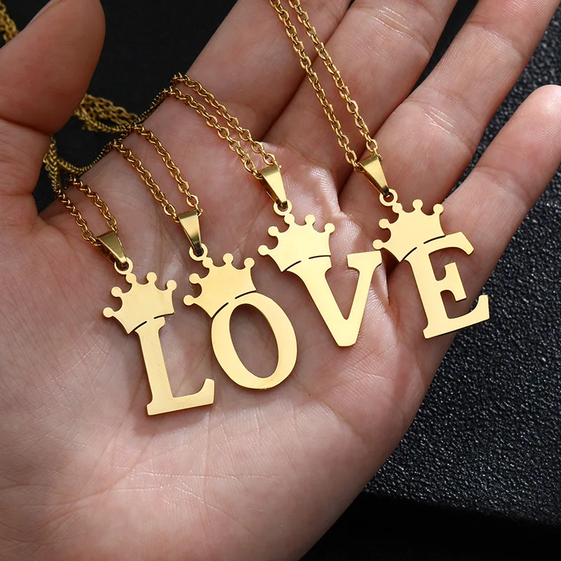 Fashion  Gold Plated Chain Jewelry Stainless Steel Crown 26 Initial Letter Pendant Necklace