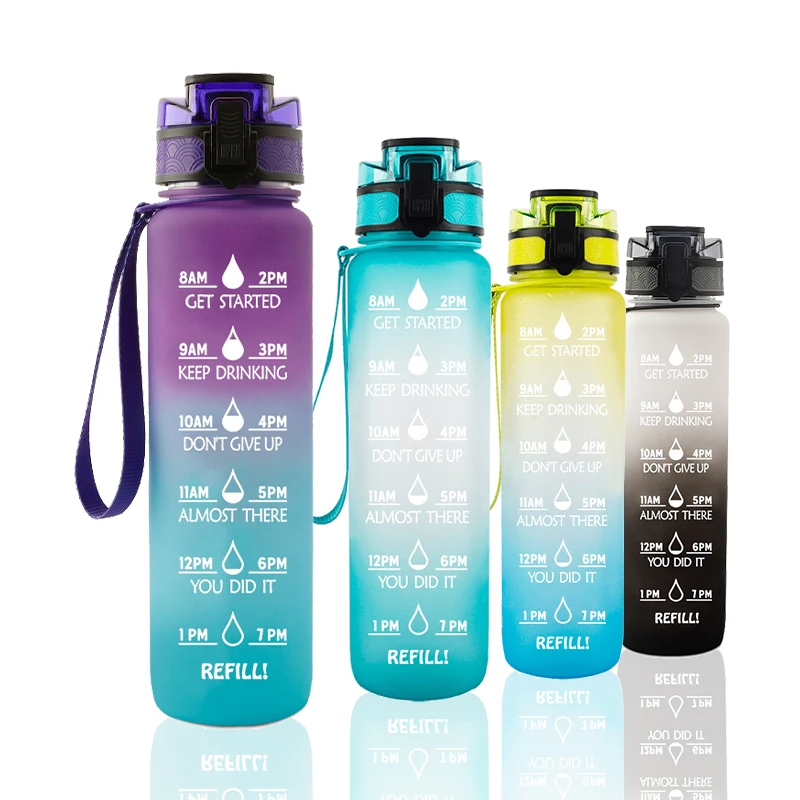 Plastic Sublimation Gradient Flip Top Tritan Motivational Insulated Bpa Free Drink Water Bottle With Strap Time Marker