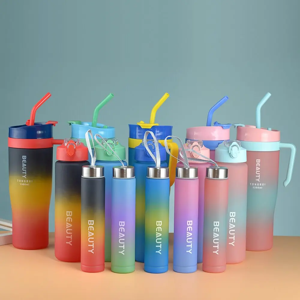 Gradient color frosted leakproof 40oz plastic tumbler with handle bpa free reusable sports plastic drinking 3 in 1 water bottle