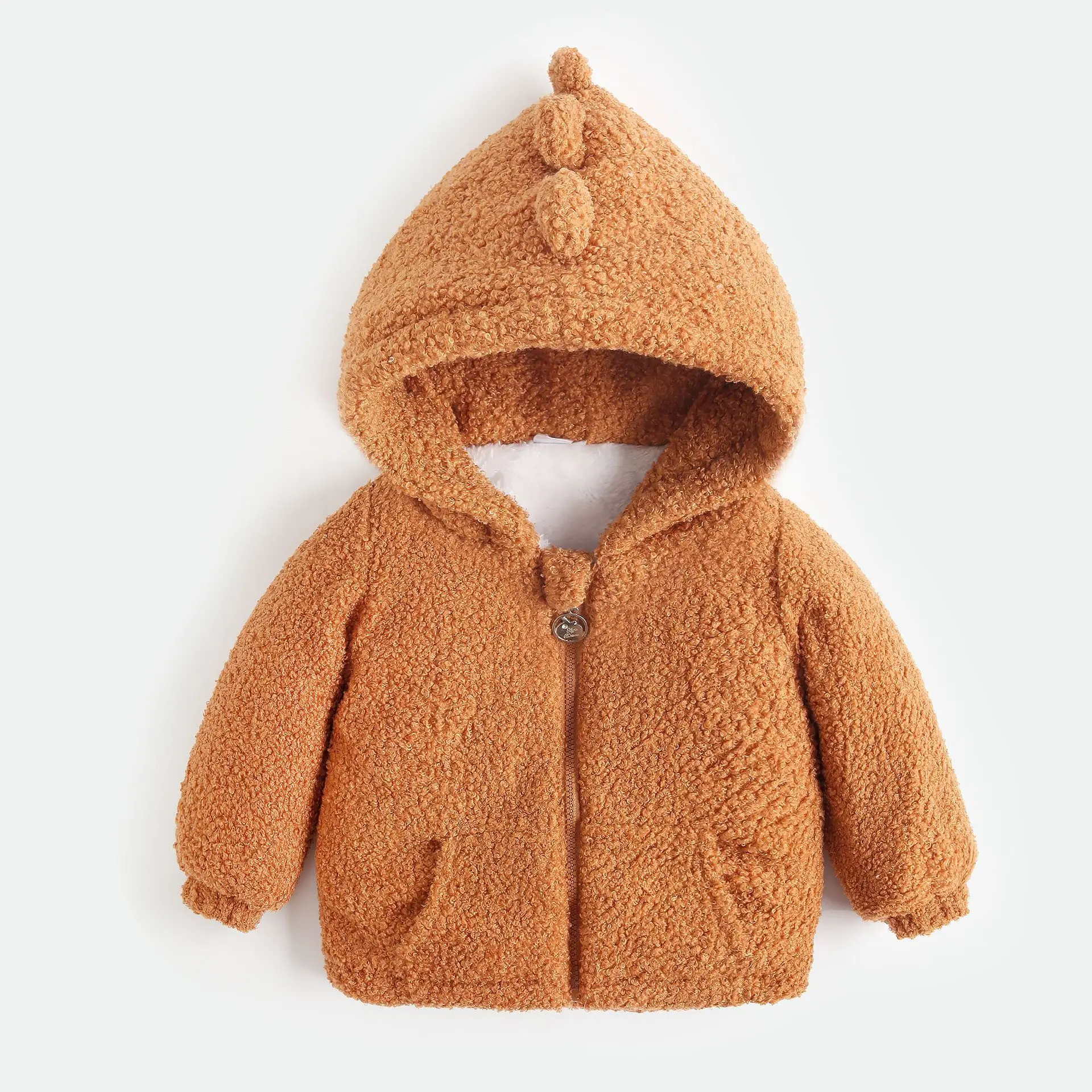 quality custom logo designer Cute lint-free baby plush coat outwear dinosaur shape softshell kids fur fleece hoodie jacket