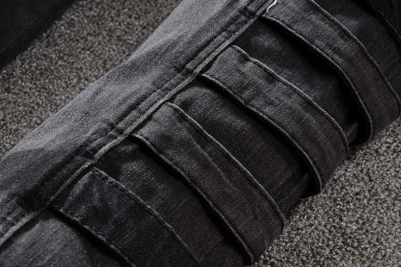 
New France Style #1057# Mens Ripped Stretch Cargo Pockets Moto Pants Washed Biker Black Jeans Slim Trousers Size 29-42 men denim  <span style=