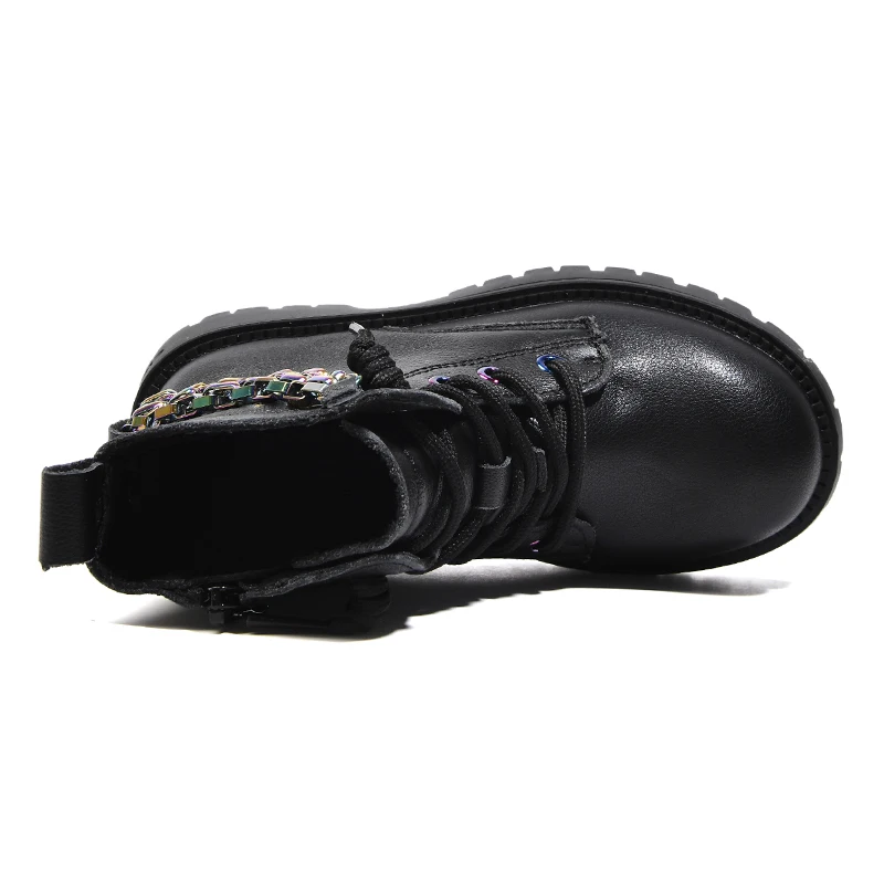 Embossed Kids Leather Non-slip Safety Shoes Rubber Sole Black Work Boots with Chain