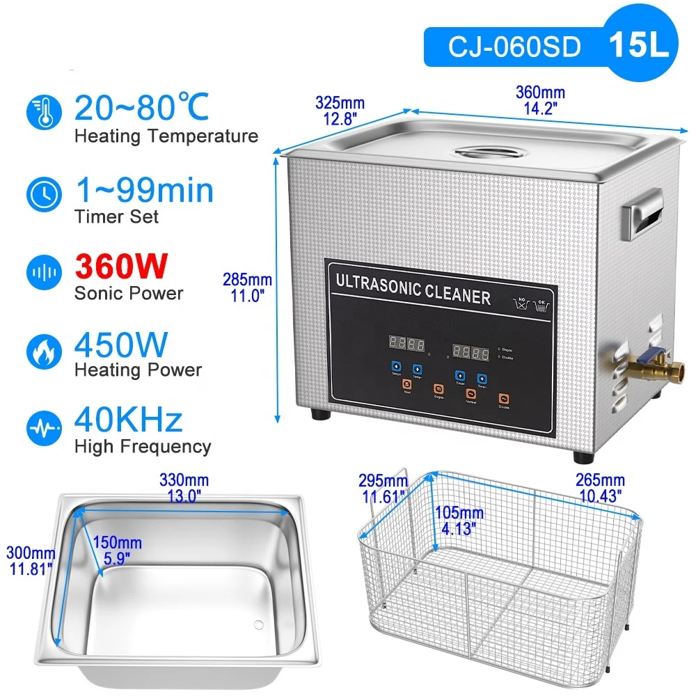 Desktop Stainless Steel Ultrasonic Cleaner 15L 3.96 Gal  360 W & 480 W & 540 W  Digital  Semiwaves & Full-wave Work Alternately