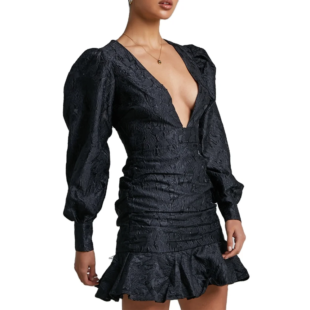 Retro Style V-neck Sexy Evening Dress Bubble Sleeve Drape Slimming A-line Temperament Mini Party Dress