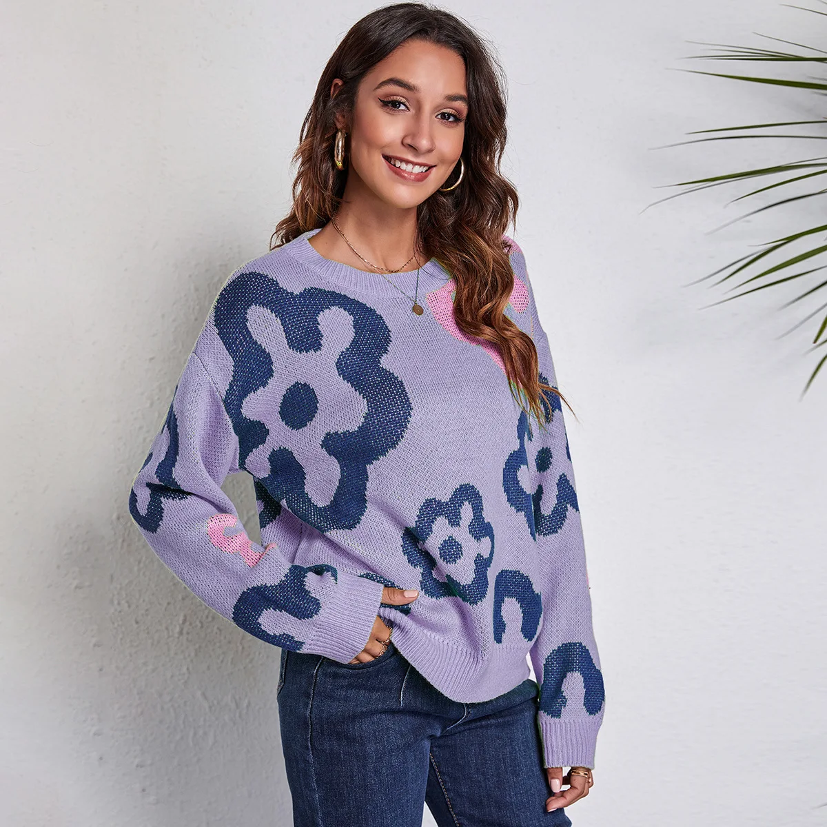 Custom logo knitted top knitwear soft Long Sleeve Loose Floral Jacquard Drop Shoulder pullover Knit Women Sweater