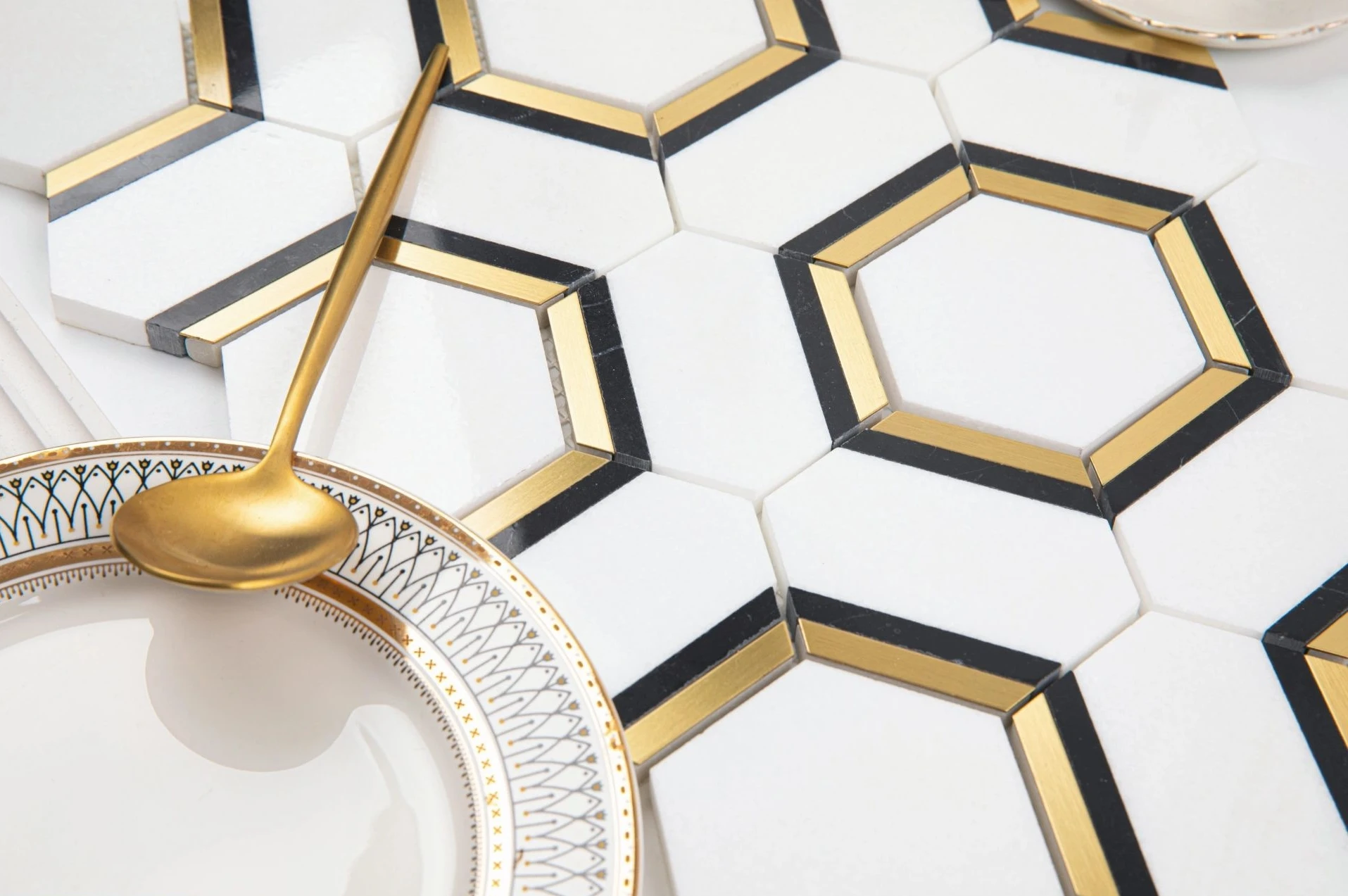 Sell High-grade Light Luxury Natural Marble and Metal Hexagon Mosaic Tile Waterjet Pattern