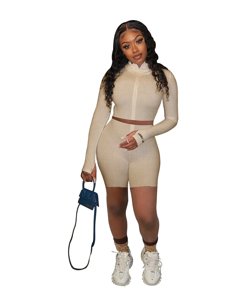 EB-20022028  Wholesale Girls Sexy Biker Two Piece Shorts Set Solid Women Joggers Suits lucky label two piece set