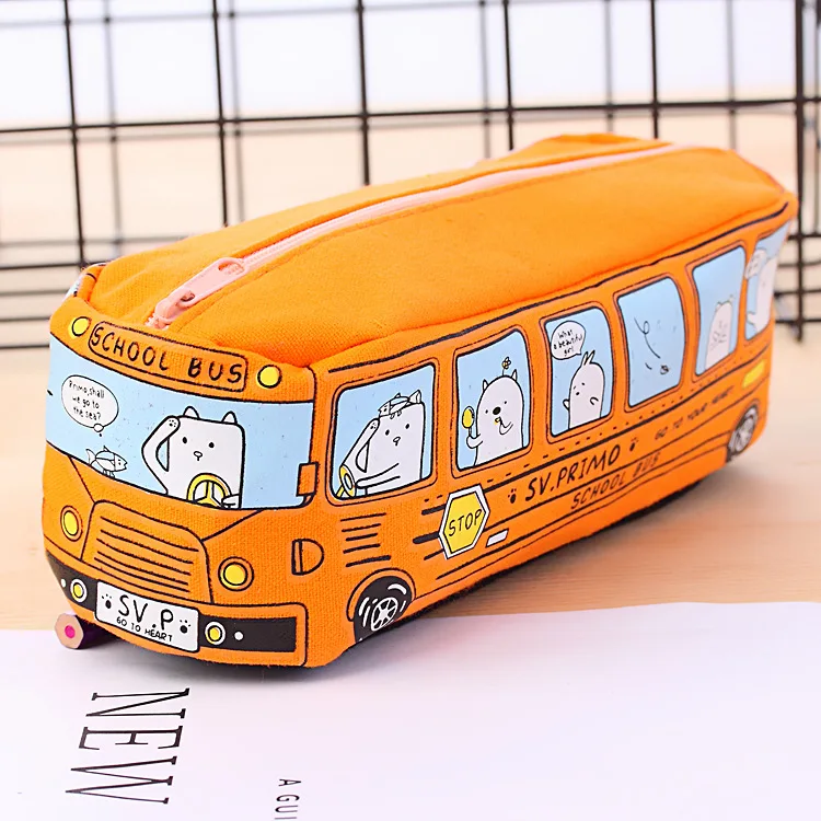 Fashion cartoon canvas cute pencil case box pen bag for primary students Creative Bus School Stationery Pencil box