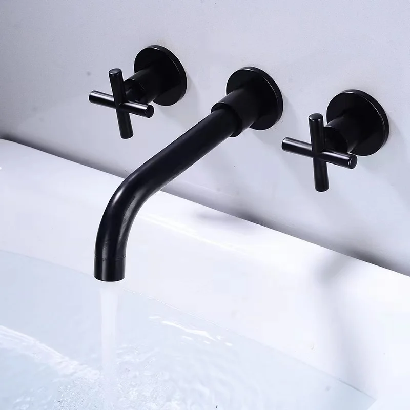 Luxury Europe Matte Black Dual Handle Wall Mounted Washroom Sink Tap Brass Hot Cold Mixer Basin Faucet
