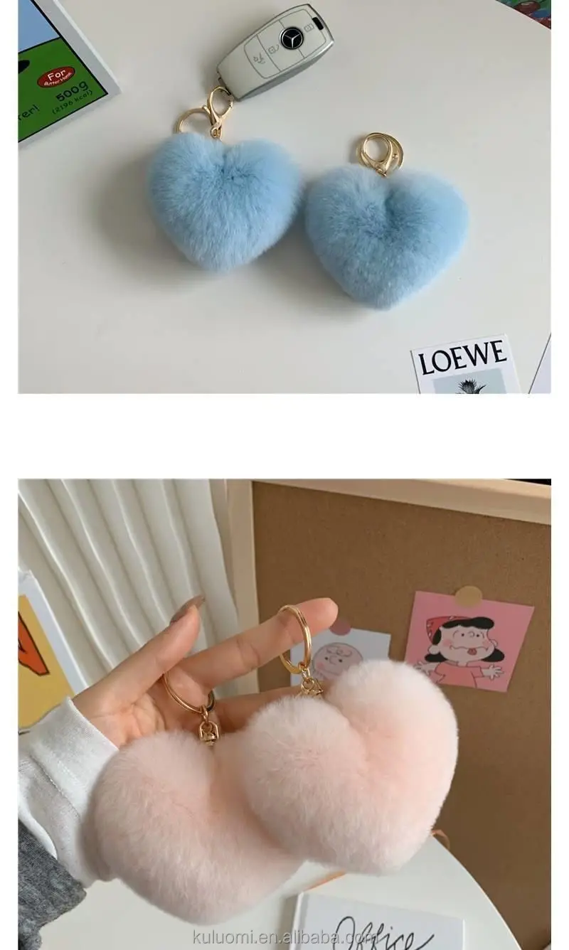 Wholesale Rabbit Plush Faux puff keychain Painted Love Pericardium bag charms Pendant Peach Heart Heart Shaped Pompom Keychain