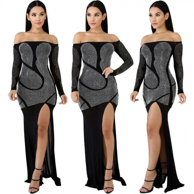 
2021 new arrivals sexy long sleeve dress Fashionable sexy slit dress drill nightclub off shoulder dress 