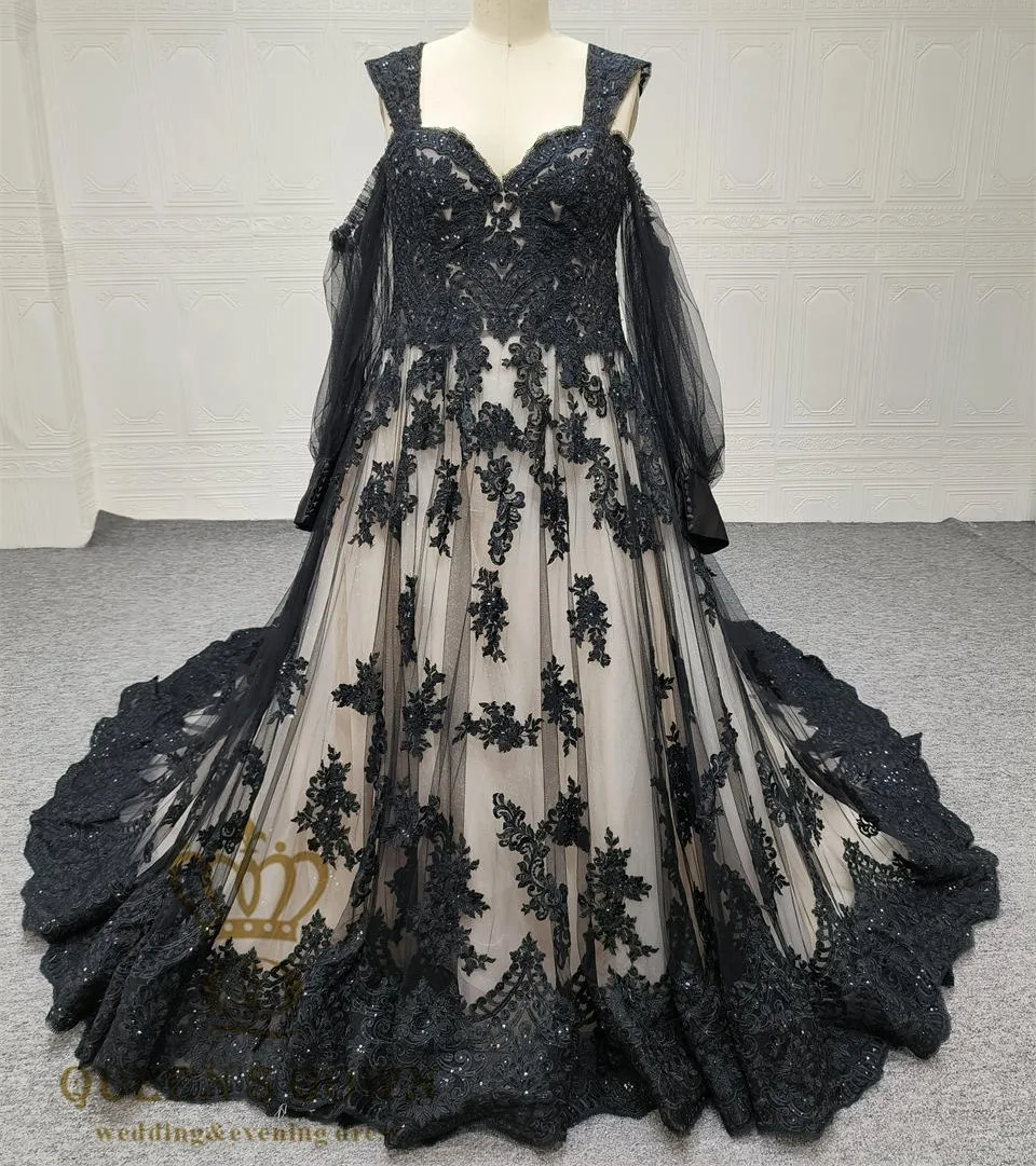 QUEENSGOWN OEM gorgeous black bridal dress plus size A-line sweetheart with detachable sleeves black sequins lace wedding dress