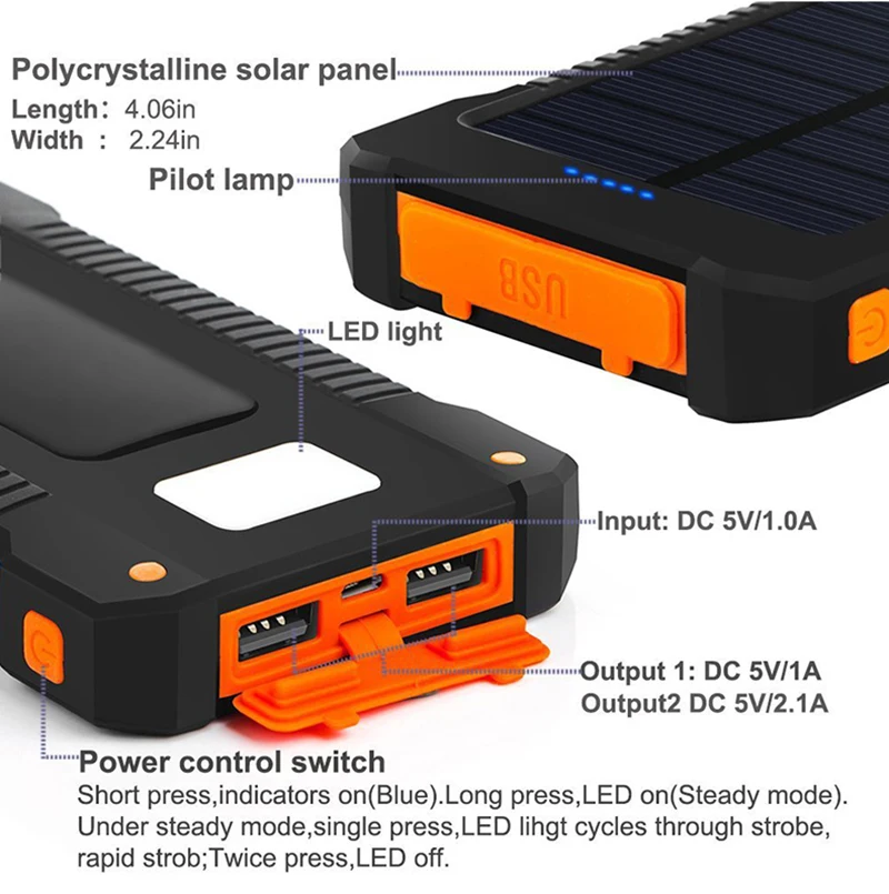 2021 New Waterproof solar powerbank 20000mah Dual USB Li-Polymer Solar Battery Charger Travel Powerbank for All Phone
