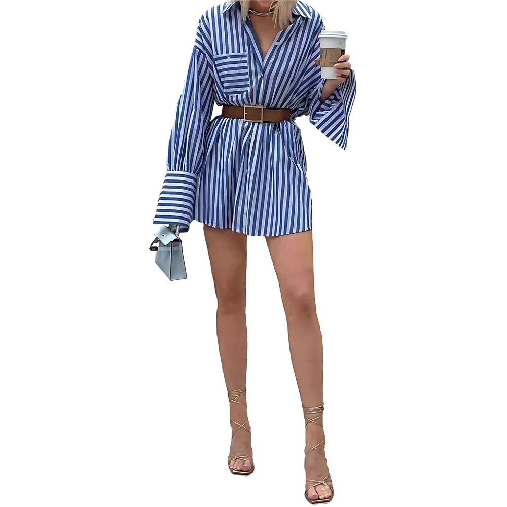 Women Fashionable Spring Autumn Casual Stripe drop shoulder Long Shirt