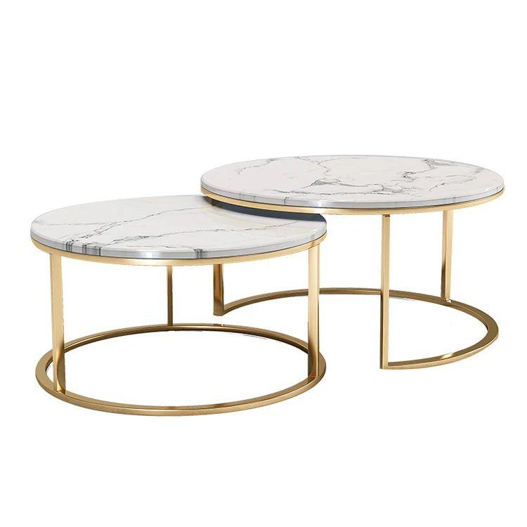 Simple Luxury Modern Living Room Metal Frame Stainless Steel Rose Gold Marble Top Round Coffee Table