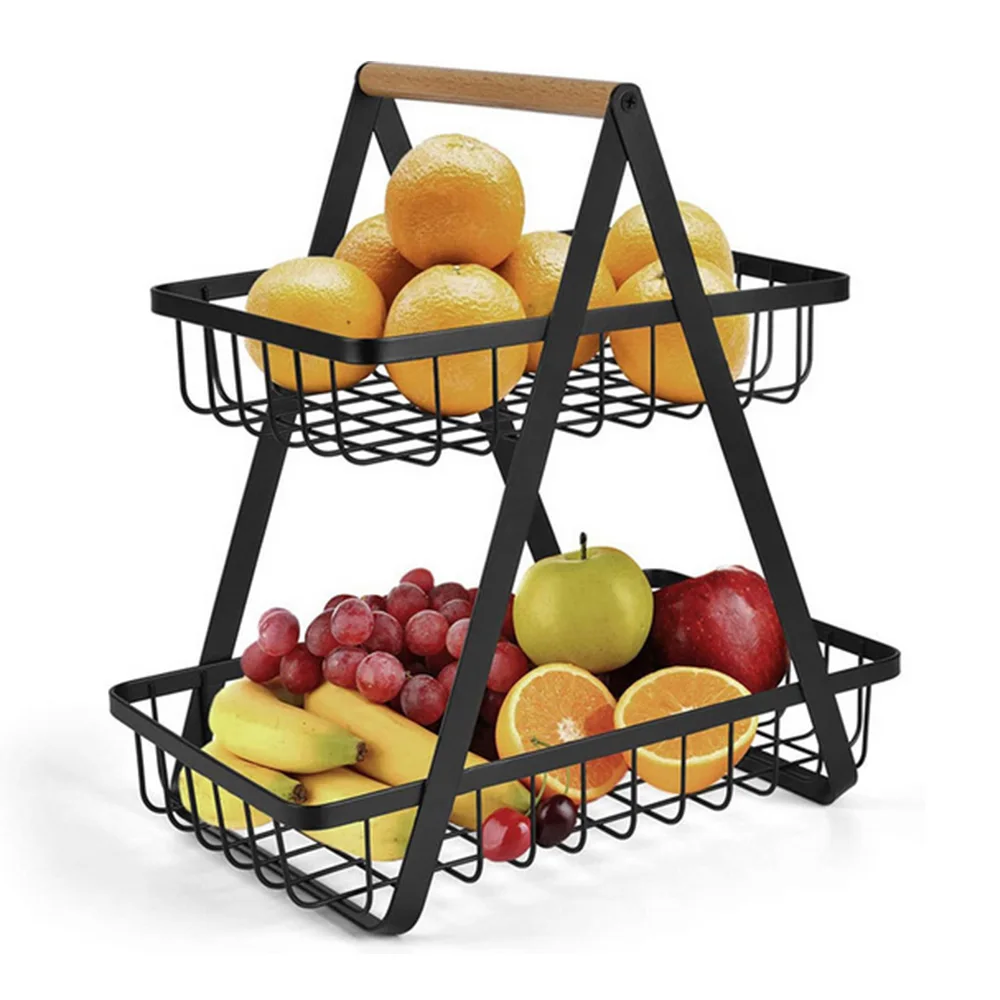 Detachable portable multifunction kitchen vegetable fruit organizer double layer black wire storage basket with handle