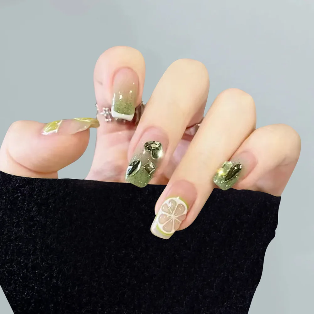 High quality Medium length square rhinestone fruit false nails design acrylic nails press on artificial nails