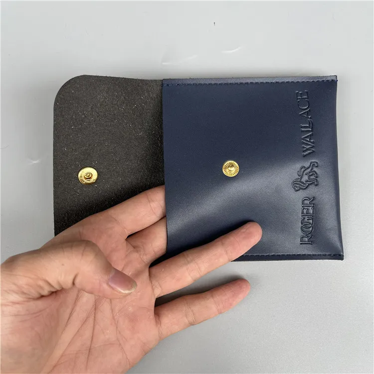 custom snap press button covered envelope shape luxury Engraved hot heat pressure sunk logo small leather purse pouch bag