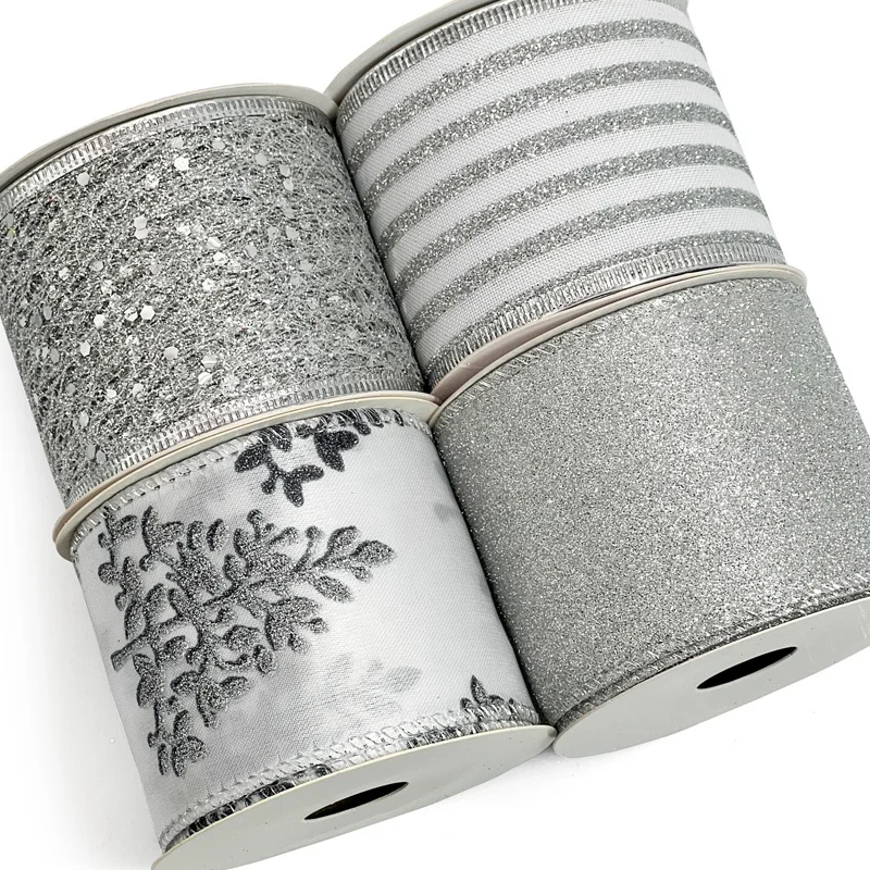 Silver glitter 2.5 inch Christmas black wired ribbon for gift wrapping Christmas tree decoration