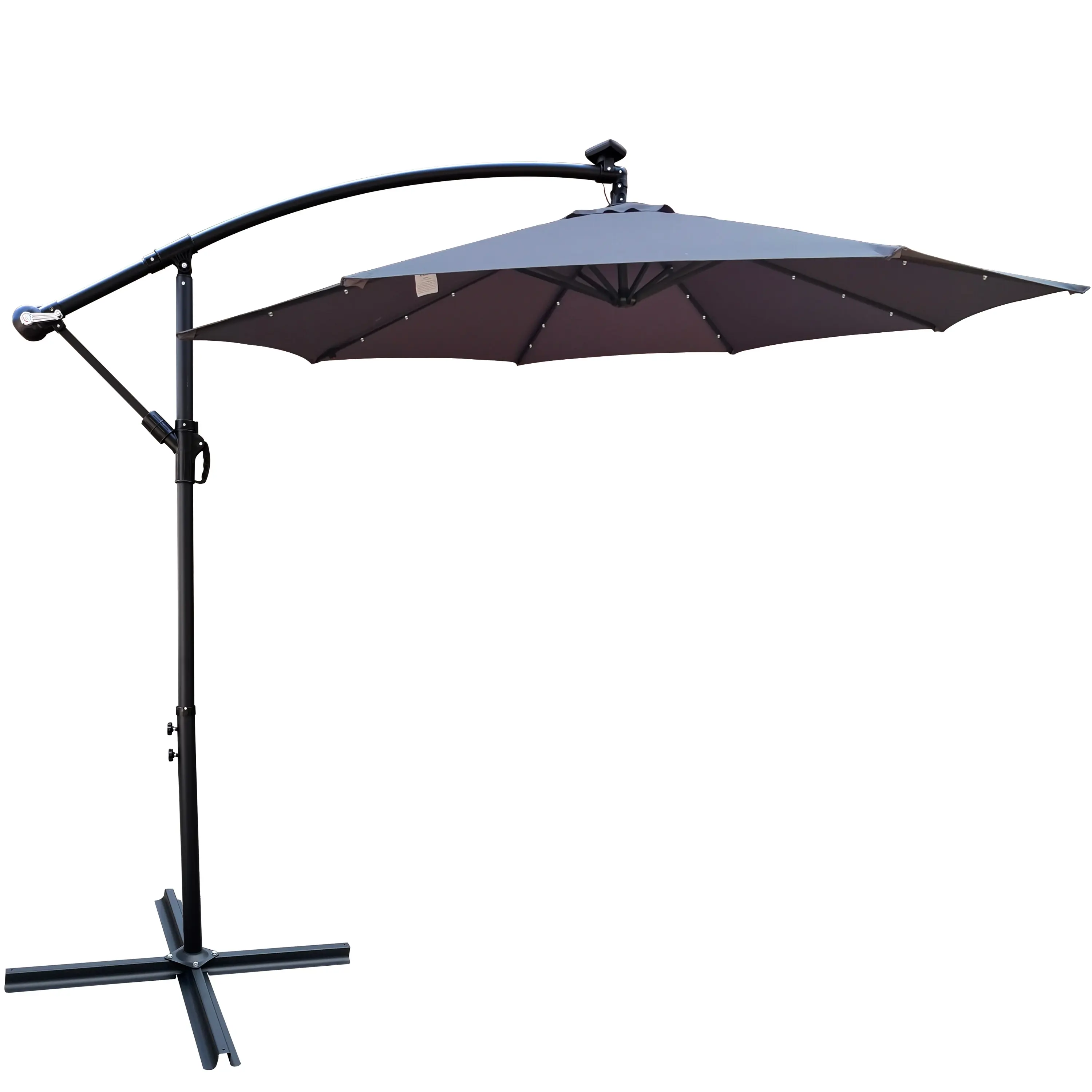 Factory Hanging Cantilever Market Patio Umbrella Offset Patio 10FT Solar LED Outdoor Umbrella Steel Cross Base